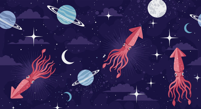 Imaginative seamless pattern featuring pink squids floating in a dark purple outer space filled with stars, planets, and crescent moons.