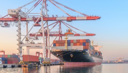 Fototapeta premium Shipping port : A massive cargo ship docked at a bustling shipping port, with towering cranes and vibrant containers, symbolizing global trade and industry.