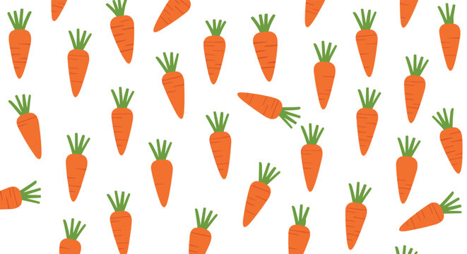 Seamless pattern of orange carrots with green tops scattered across a white background for food or garden themed designs.