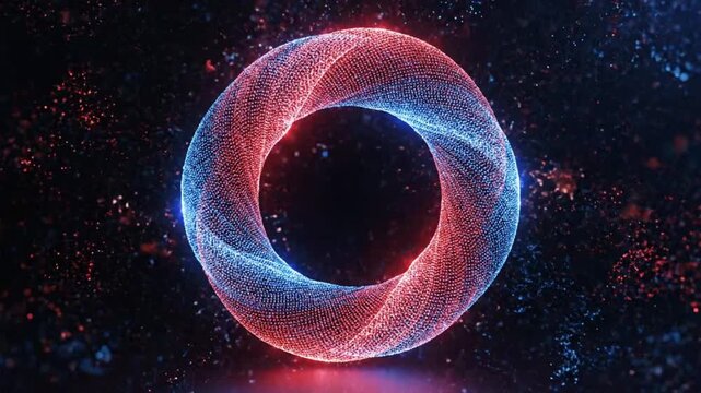 Red and blue particles create a circle ring logo motion effect for VSRExport company branding