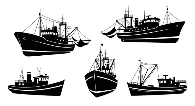 Fishing Trawler Silhouettes - Set of Five Nautical Vessels