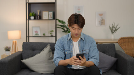 Young Asian Man Using Smartphone While Sitting on Living Room Sofa © blueringmedia
