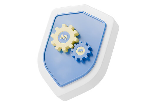 3d API shield gear icon. API security concept. minimal cartoon shield settings cog for secure software integration service. isolated on white transparent background. 3d render.