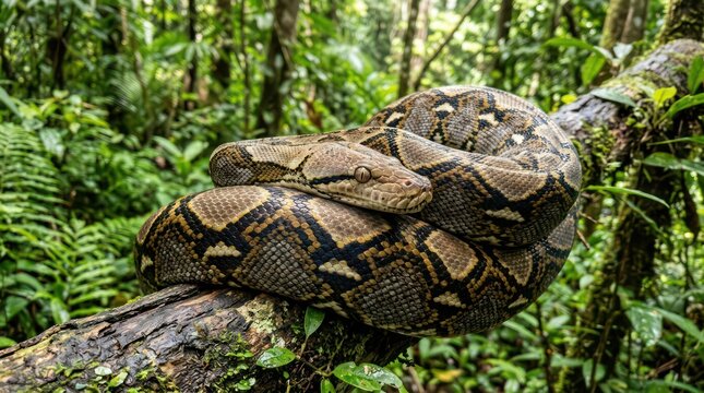Large Reticulated Python Coiled on Mossy Branch in Lush Rainforest.