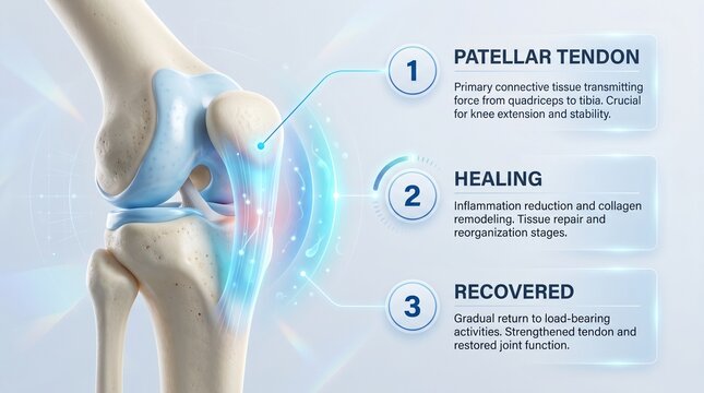 Visualizing knee patellar tendon healing and joint recovery stages.