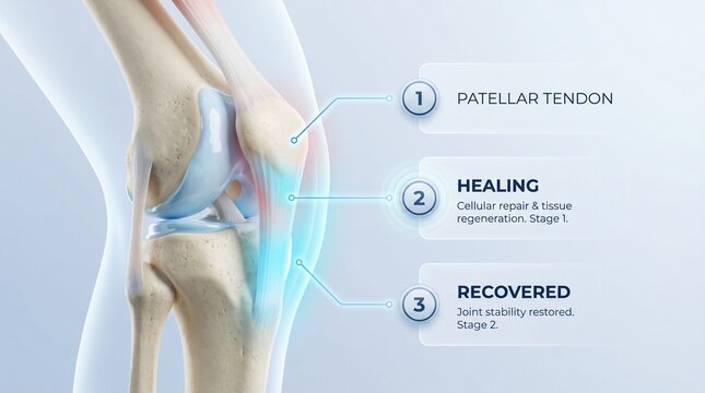 Simplified infographic showing patellar tendon healing and recovery.