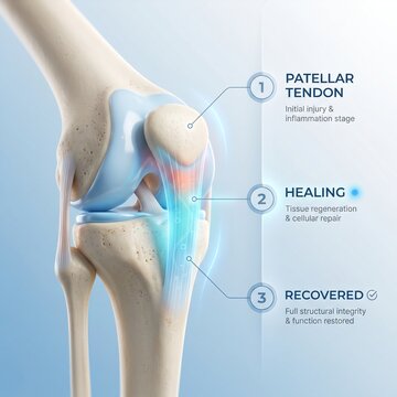 Focused infographic showing patellar tendon injury, healing, and recovery.