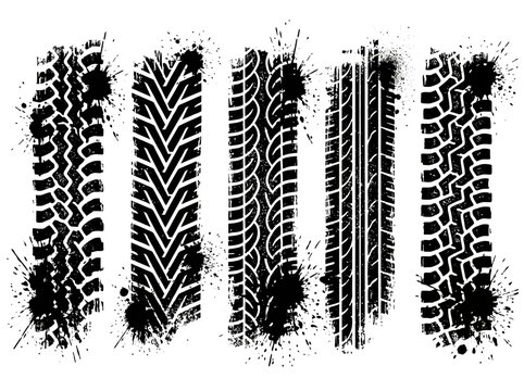 Dynamic grunge tire track bundle with expressive mud splatter elements for off-road design projects, isolated vector graphic illustration.