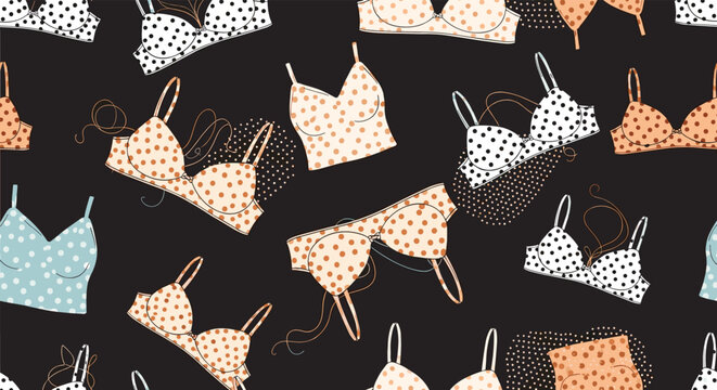 Seamless pattern featuring a variety of bras, bralettes, and lingerie in polka dot and solid designs on a dark black background.