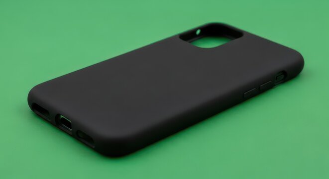 Black smartphone case on a green background.