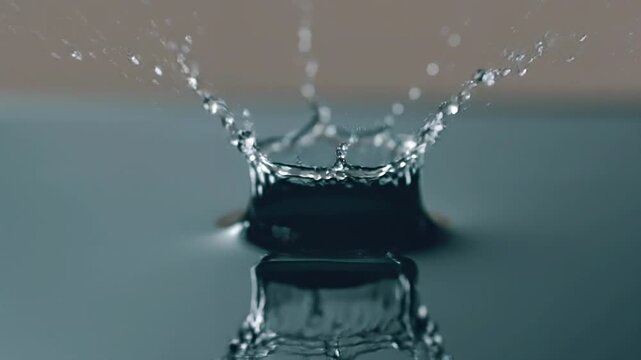 Closeup, single water droplet falling from above onto a calm water surface, The water surface is dark blue with subtle highlights, reflecting soft ambient light.