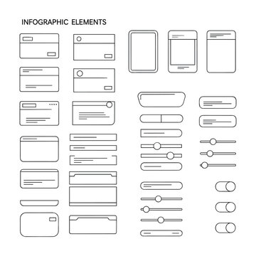 Black and white line infographic including smartphones tablets sliders toggles buttons