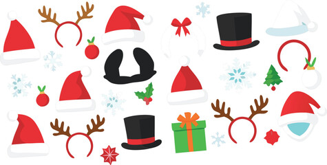 Christmas accessories collection with Santa hats reindeer antlers gifts and snowflakes, festive vector illustration set for holiday design © Sumon Creative