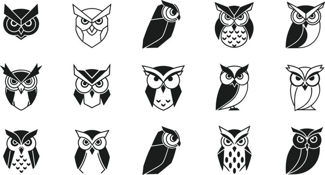 Set of owl logo icons in geometric black and white style featuring minimal bird emblems for modern branding design