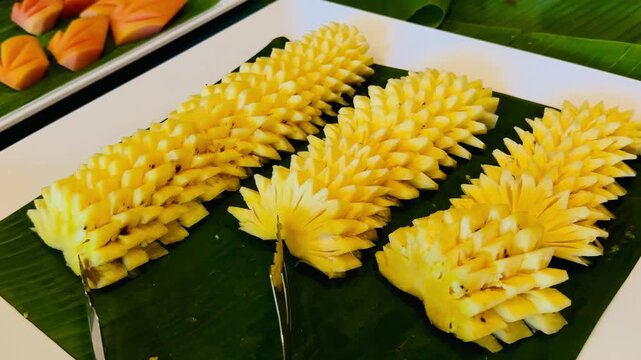 Artistic fruit carving of fresh pineapple and papaya served on green banana leaves. Exotic tropical fruit platter at a luxury hotel buffet in Thailand.