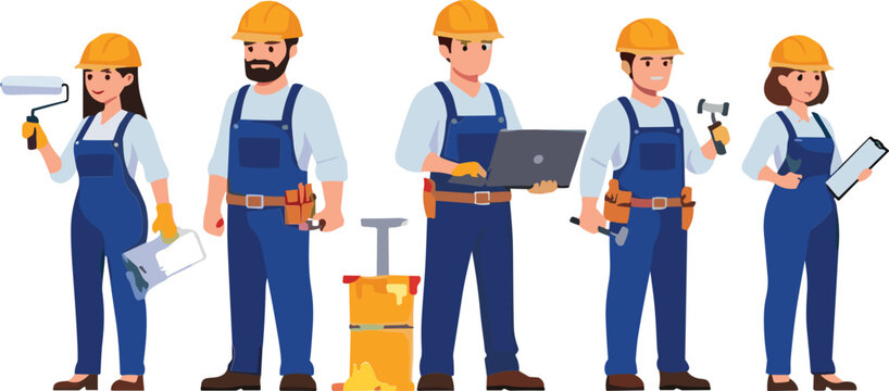 Construction workers collection with tools and equipment, cartoon vector illustration set of builders painters and repair specialists isolated on light background