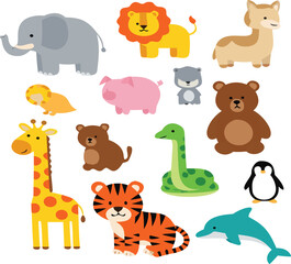Fototapeta premium Cute animals collection with elephant lion giraffe tiger and more, cartoon vector illustration set of adorable wildlife characters for kids design
