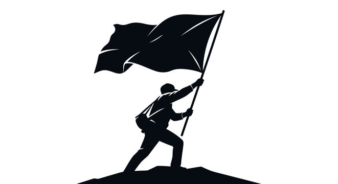 Man holding a flag on hill.