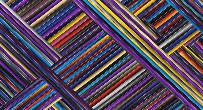 Abstract background of multicolored parallel lines in geometric crisscross pattern.