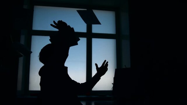 An Employee Shows Frustration Through Paper Tossing. Worker Expresses Anger By Scattering Documents Rapidly . Media