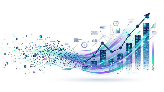 Abstract financial graph with rising trend line, representing growth and success, and data visualization elements with particles