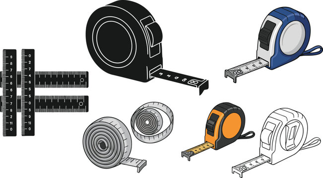Measuring tape and ruler vector set featuring construction tools, retractable tape measures and scale instruments, technical illustration collection for engineering and DIY design