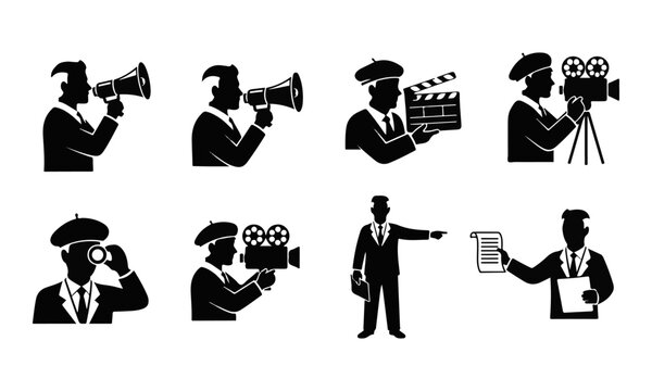 Black Silhouette Filmmaking Director and Crew Icons Set Vector Illustration