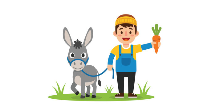 A young boy wearing a beanie hat and blue overalls holds a vibrant orange carrot to feed a grey donkey while walking on a patch of green grass.