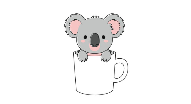 A cute cartoon koala character sits inside a plain white ceramic mug against a minimalist solid off-white background with soft flat lighting and balanced pastel colors.