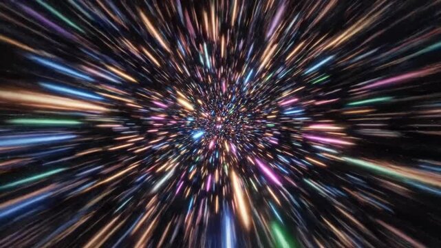 Colorful supersonic light streaks fly in and out across a dark background with stars