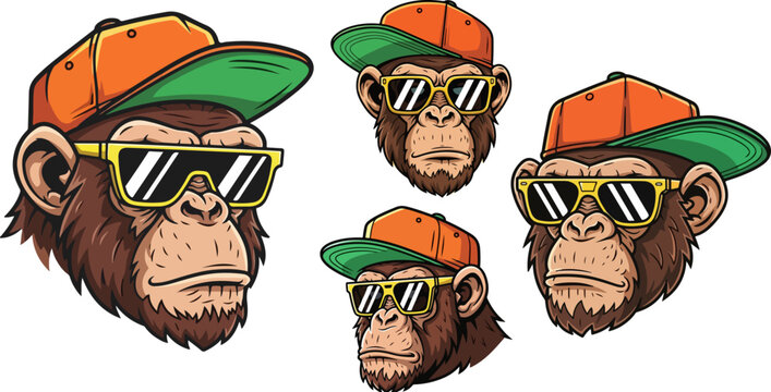 Cool monkey head vector set, chimpanzee mascot wearing sunglasses and baseball cap, urban streetwear primate character illustrations
