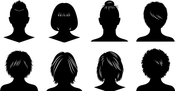 Minimalist human head silhouettes with diverse hairstyles, set of 8 black profile icons, male and female avatar vector collection for user profiles