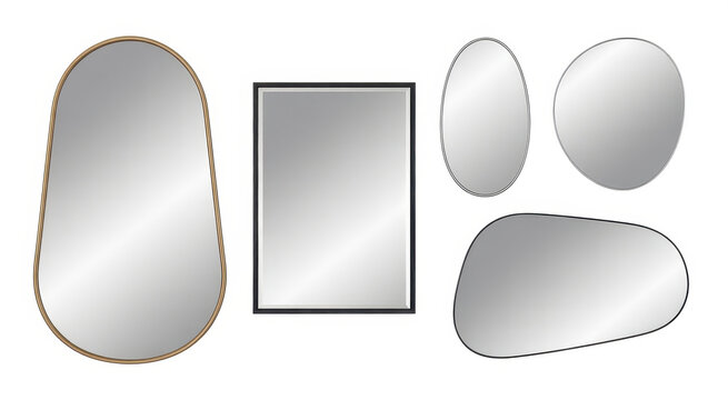 Various styles of wall mirrors with different frames and shapes on a white background