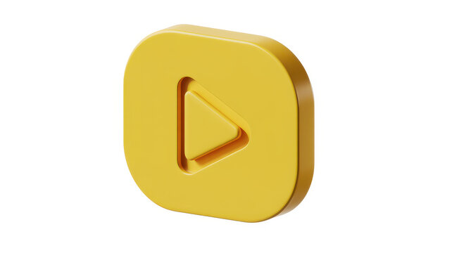 3d yellow rounded square play button isolated on a white background, for media applications
