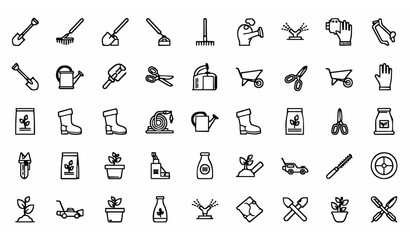 Garden tools outline icon set with shovel rake watering can and gardening equipment symbols vector collection © Shameem