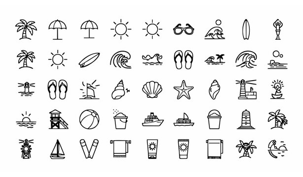 Beach outline icon set with summer vacation palm tree wave and tropical seaside symbols collection