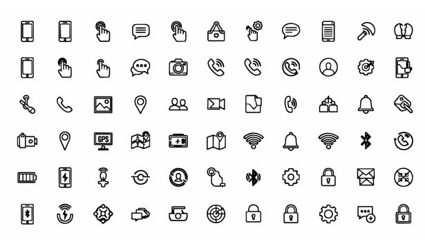 Smartphone outline icon set with mobile apps communication and technology symbols editable stroke vector collection