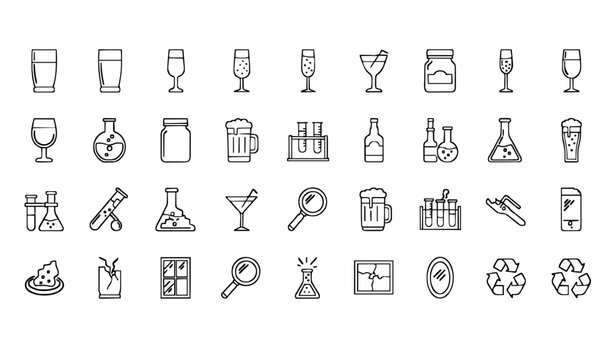 Glass outline icon set with drinkware bottles laboratory glass and fragile symbols vector collection