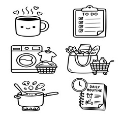 Obraz premium Cute Mom Daily Planner Doodle Black and White Sticker Icon Set