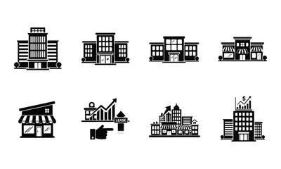 Obraz premium Minimalist Black Vector Icon Set of Buildings, Office, Store, and Business Concepts, Isolated