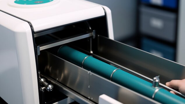 Close-up of a teal colored roller inside a high-tech printing machine drawer being inserted by a hand for document production