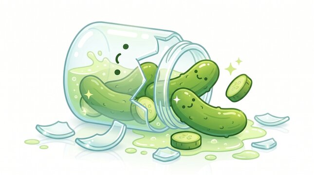 Adorable cartoon pickles with happy faces spilling from a broken glass jar, surrounded by green brine and shattered pieces.