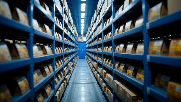 Warehouse aisle with towering blue shelves filled with cardboard boxes and yellow labels under fluorescent lights