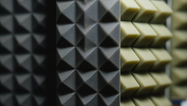 Close-up texture of acoustic foam panels with pyramidal shapes in dark and light grey and beige colors
