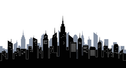 Obraz premium A sleek black silhouette of a city skyline with tall skyscrapers against a white background.