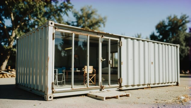 Modern minimalist shipping container office space with glass doors and seating area outdoors