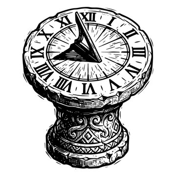 Elegant sundial with Roman numerals on ornate pedestal, woodcut style vector illustration for design and decoration purposes.