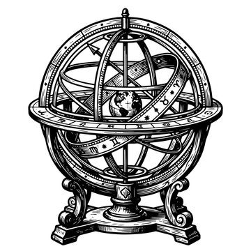 Intricate Woodcut Style Armillary Sphere Vector Illustration with Ornate Details and Celestial Globe on Pedestal.
