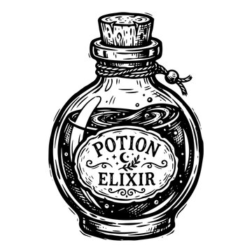 Intricately designed black and white woodcut style vector illustration of a potion bottle with a cork stopper and label reading 'Potion Elixir', with swirling liquid and decorative elements.