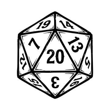 Woodcut style vector illustration of a twenty-sided dice with numbers on each face.